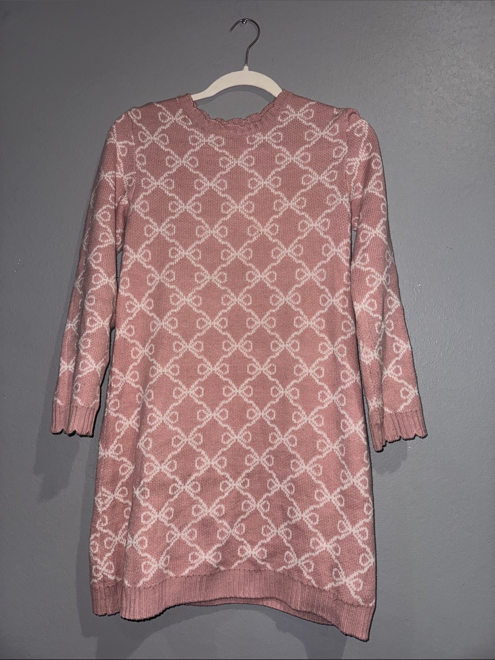 Little Lass Rose Pink Knit Sweater Dress with Cream bow/ribbon Pattern